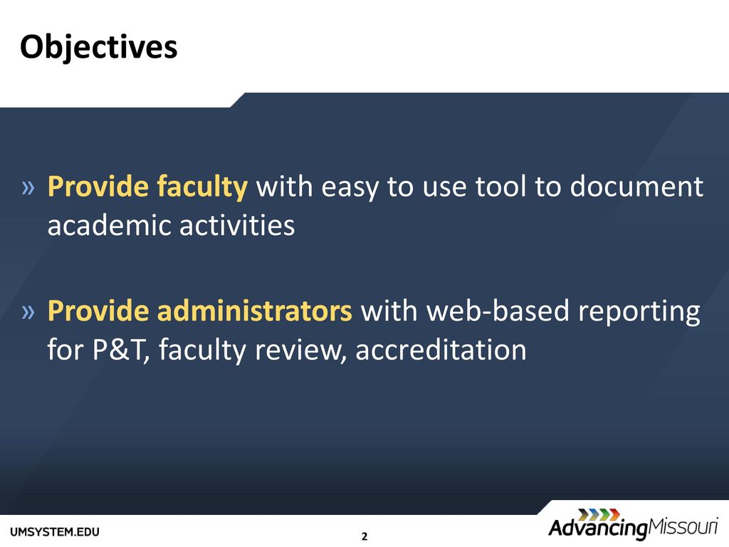 Objectives Provide faculty with easy to use tool to document academic activities.
