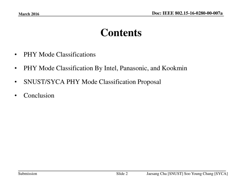 Contents PHY Mode Classifications