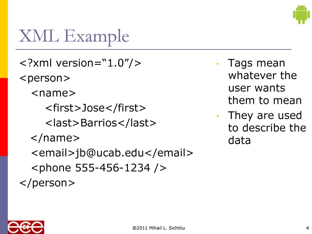 XML Example < xml version= 1.0 /> <person> <name>
