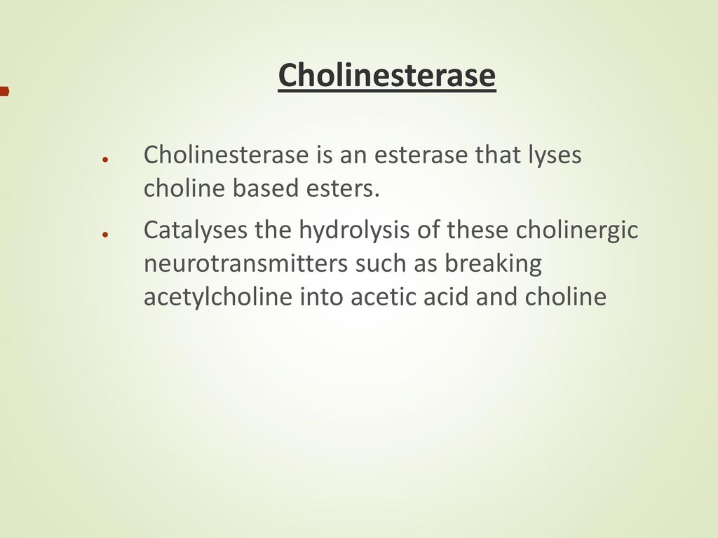 Cholinesterase Cholinesterase is an esterase that lyses choline based esters.