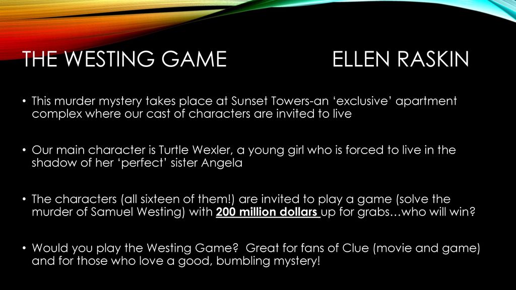 images The Westing Game Movie Angela mysteries grade 7 book talks