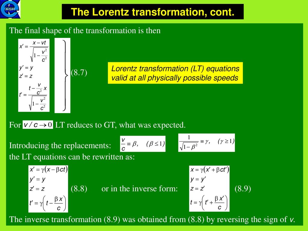The Lorentz transformation, cont.