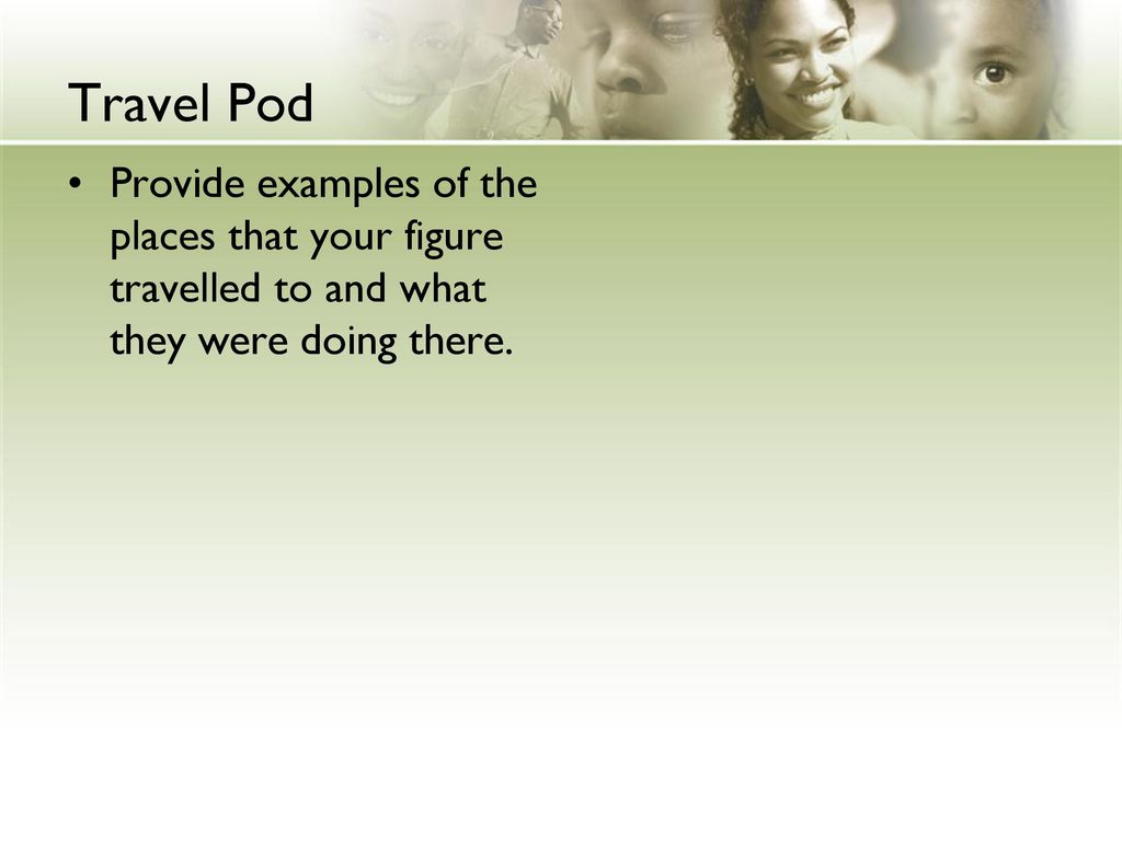 Travel Pod Provide examples of the places that your figure travelled to and what they were doing there.