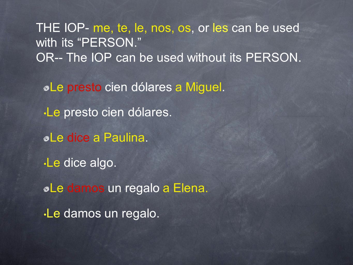 THE IOP- me, te, le, nos, os, or les can be used with its PERSON