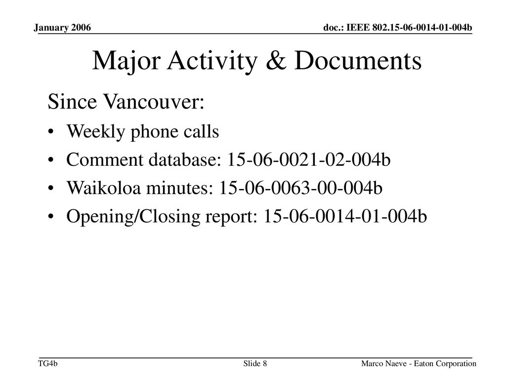 Major Activity & Documents