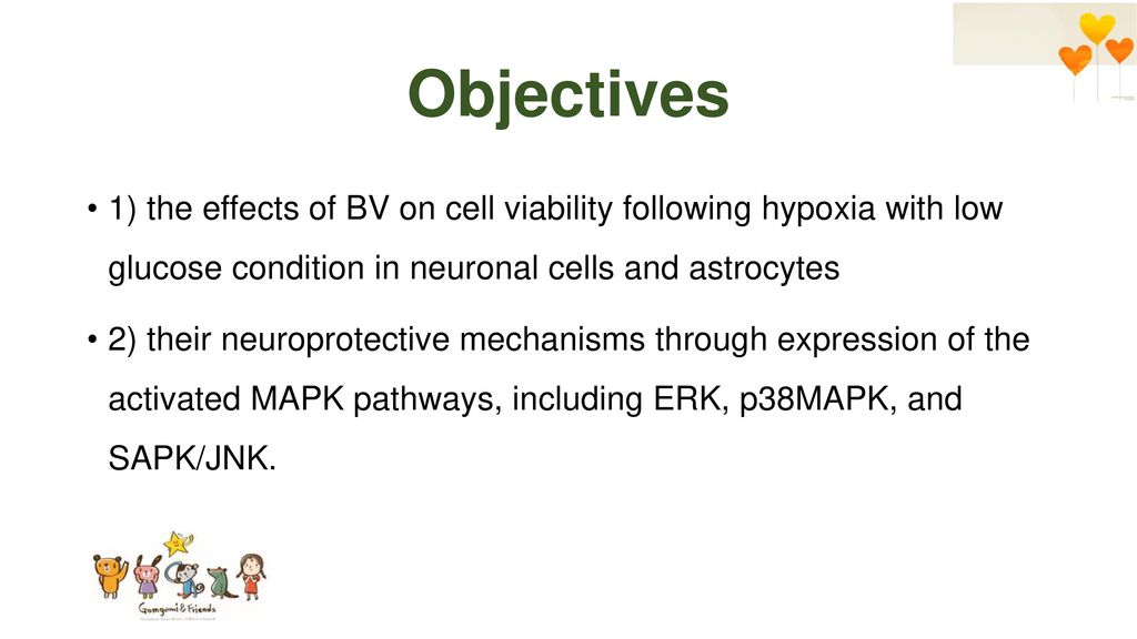 Objectives 1) the effects of BV on cell viability following hypoxia with low glucose condition in neuronal cells and astrocytes.