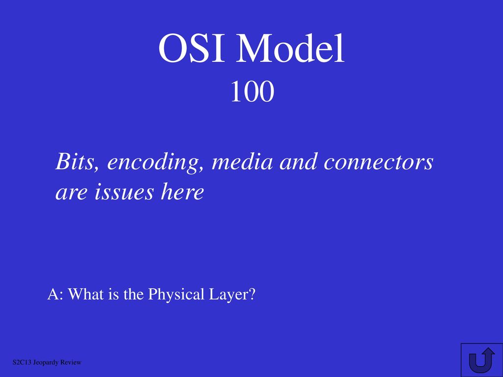 OSI Model 100 Bits, encoding, media and connectors are issues here