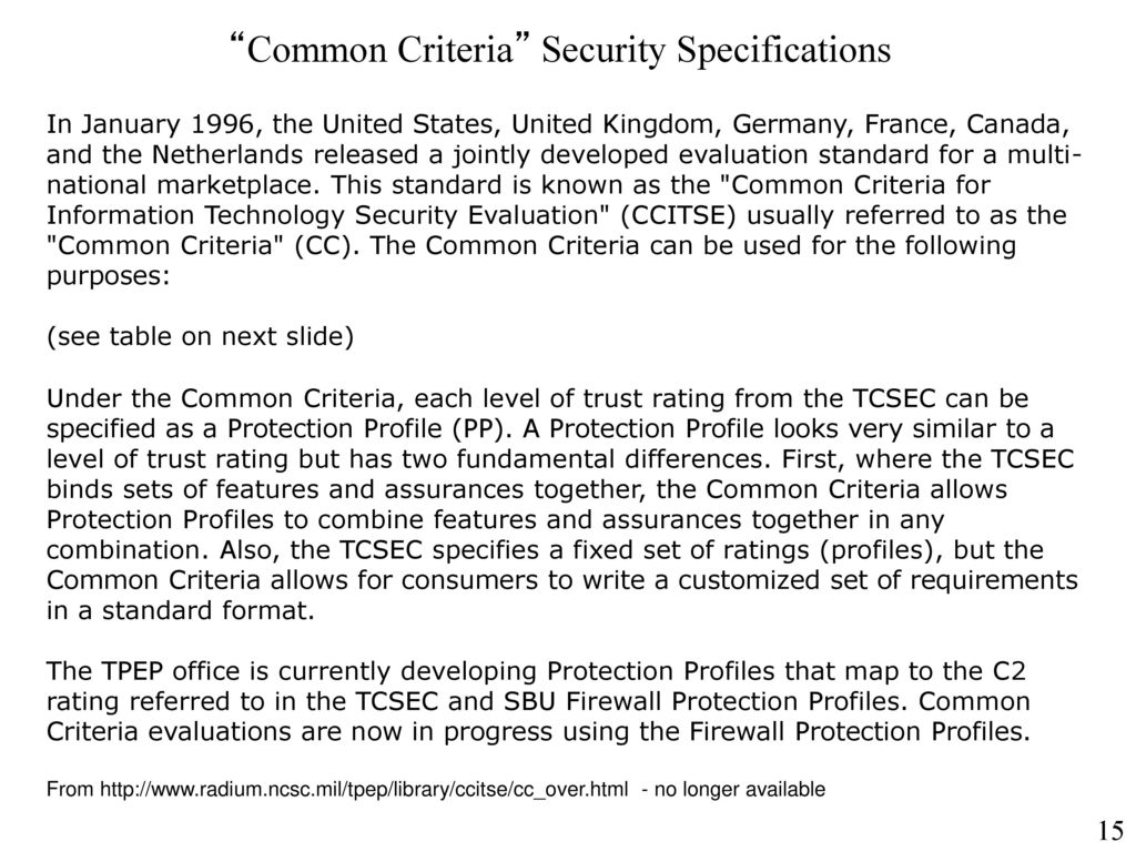 Common Criteria Security Specifications