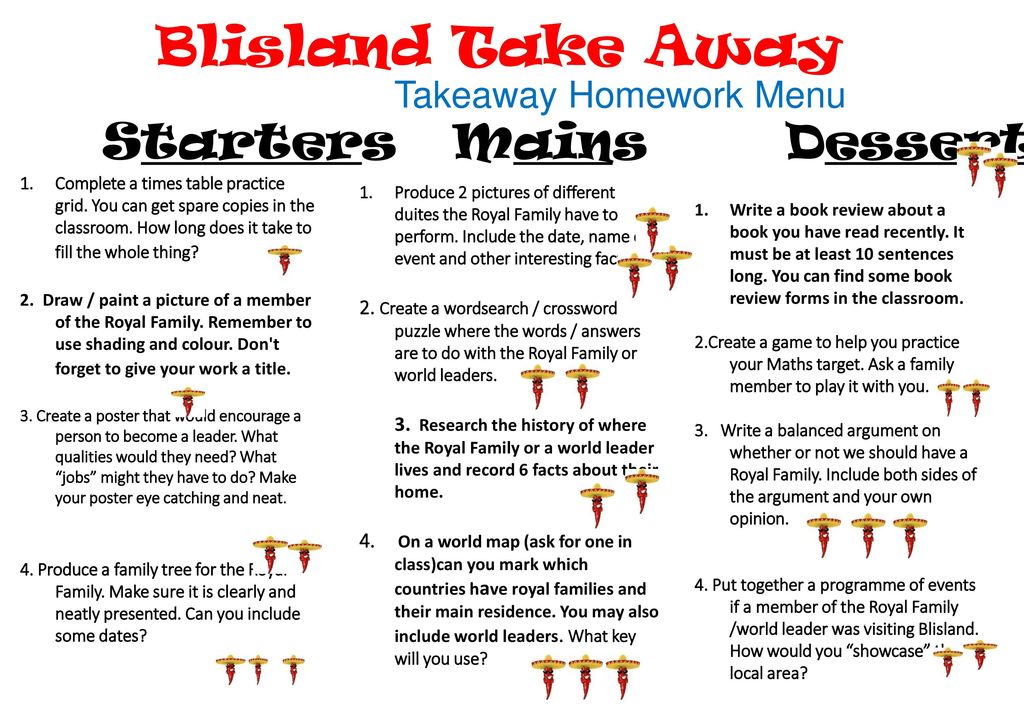 Blisland Take Away Starters Mains Desserts Takeaway Homework Menu ppt
