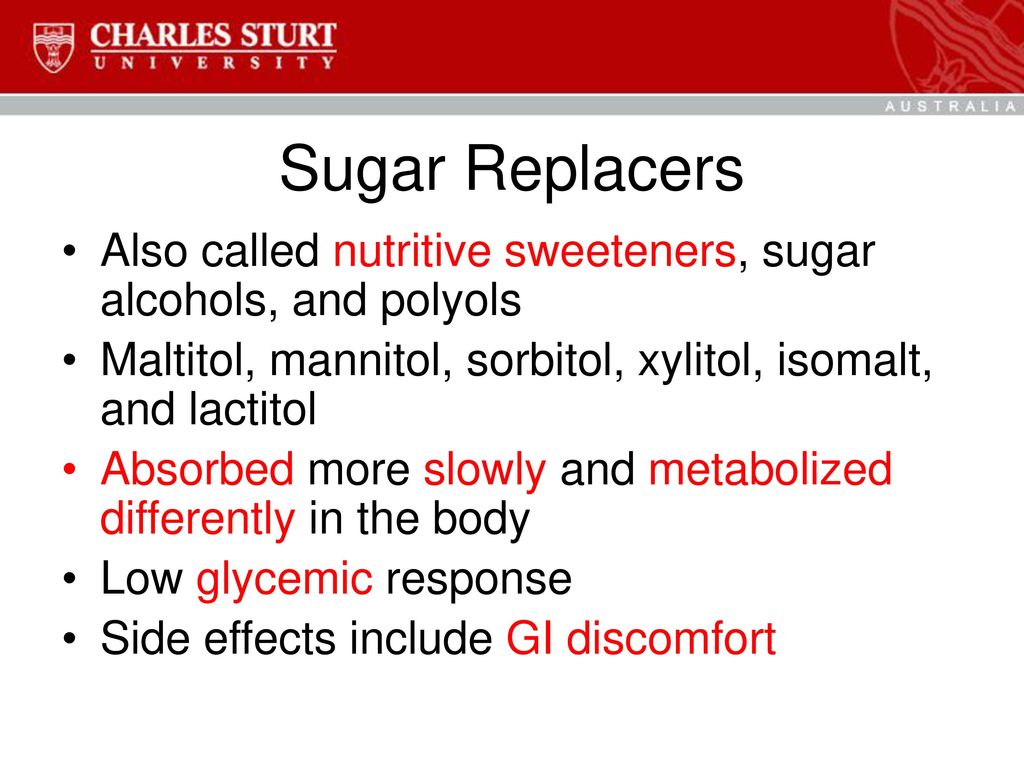 Sugar Replacers Also called nutritive sweeteners, sugar alcohols, and polyols. Maltitol, mannitol, sorbitol, xylitol, isomalt, and lactitol.
