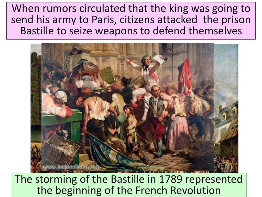 When rumors circulated that the king was going to send his army to Paris, citizens attacked the prison Bastille to seize weapons to defend themselves