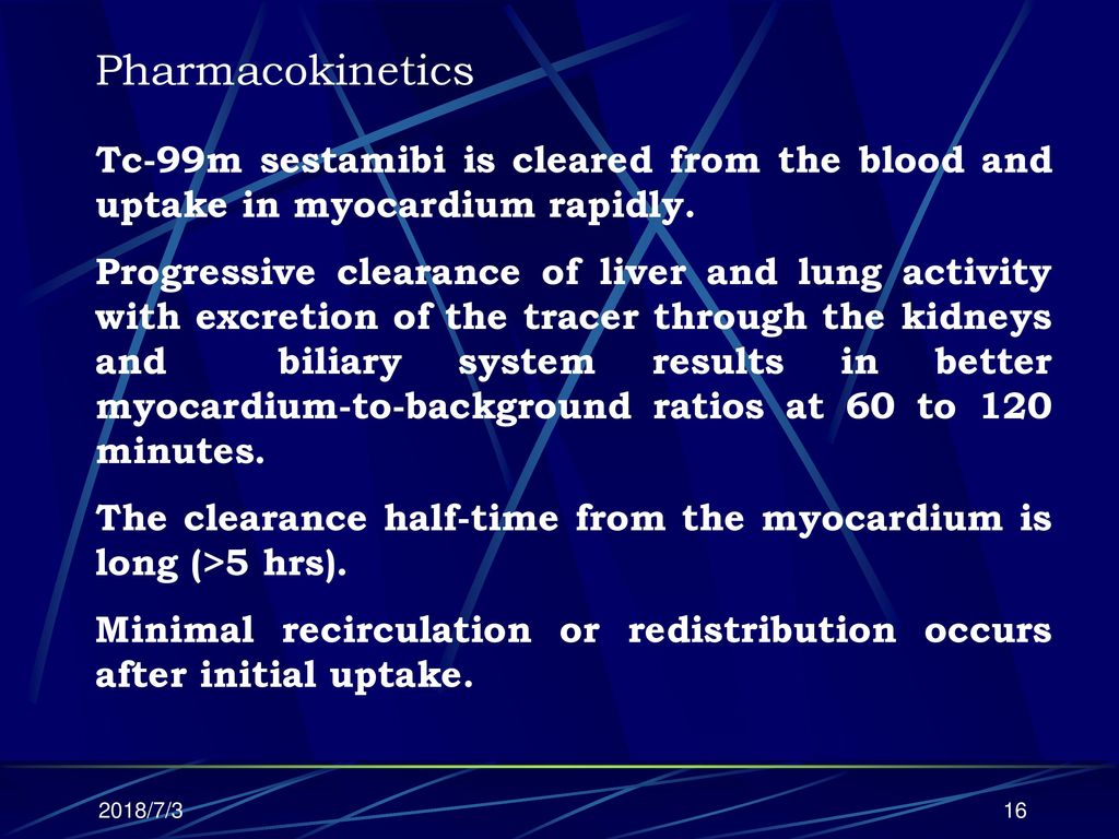 Pharmacokinetics Tc-99m sestamibi is cleared from the blood and uptake in myocardium rapidly.