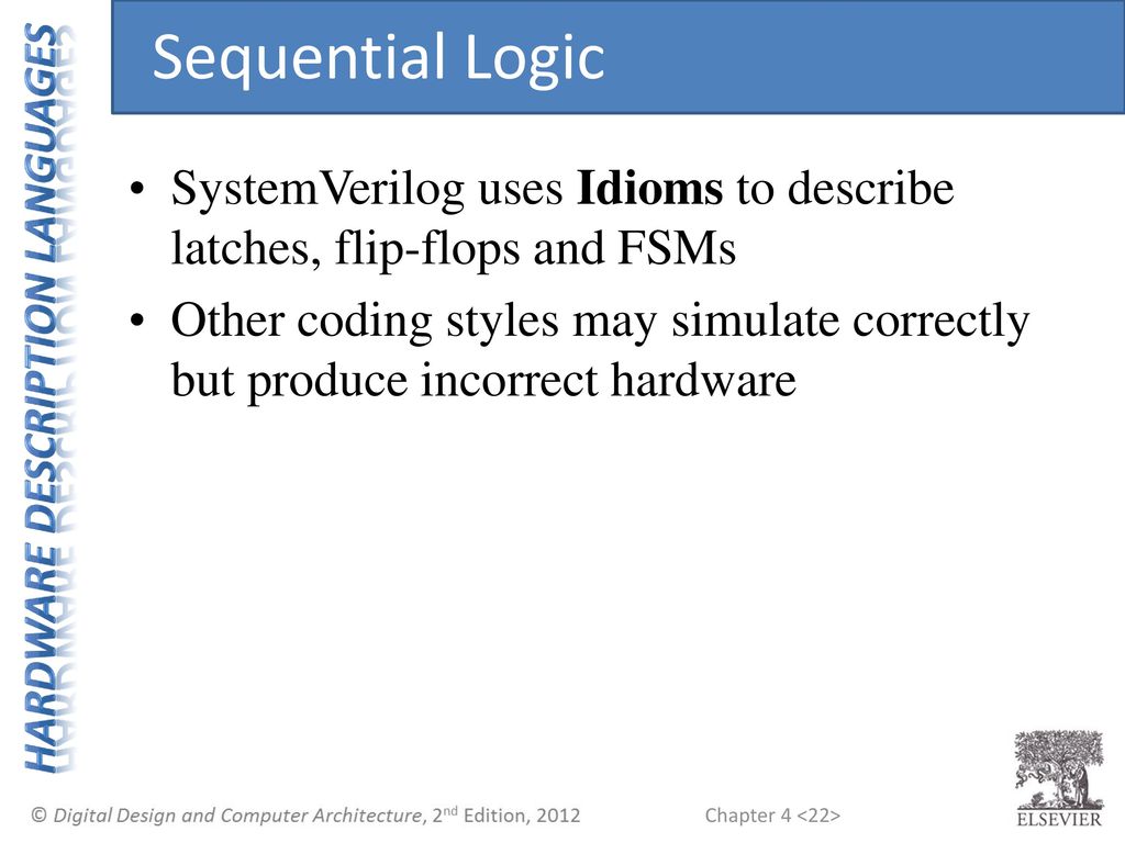 Sequential Logic SystemVerilog uses Idioms to describe latches, flip-flops and FSMs.
