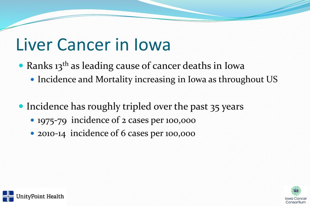 Liver Cancer in Iowa Ranks 13th as leading cause of cancer deaths in Iowa. Incidence and Mortality increasing in Iowa as throughout US.