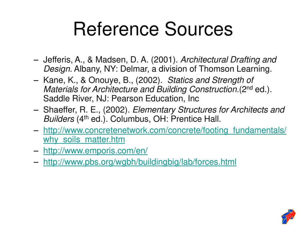 Reference Sources Jefferis, A., & Madsen, D. A. (2001). Architectural Drafting and Design. Albany, NY: Delmar, a division of Thomson Learning.