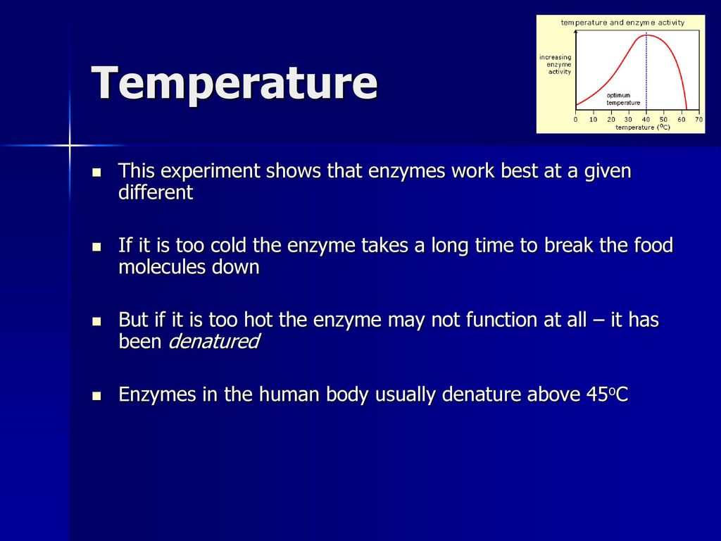 Temperature This experiment shows that enzymes work best at a given different.