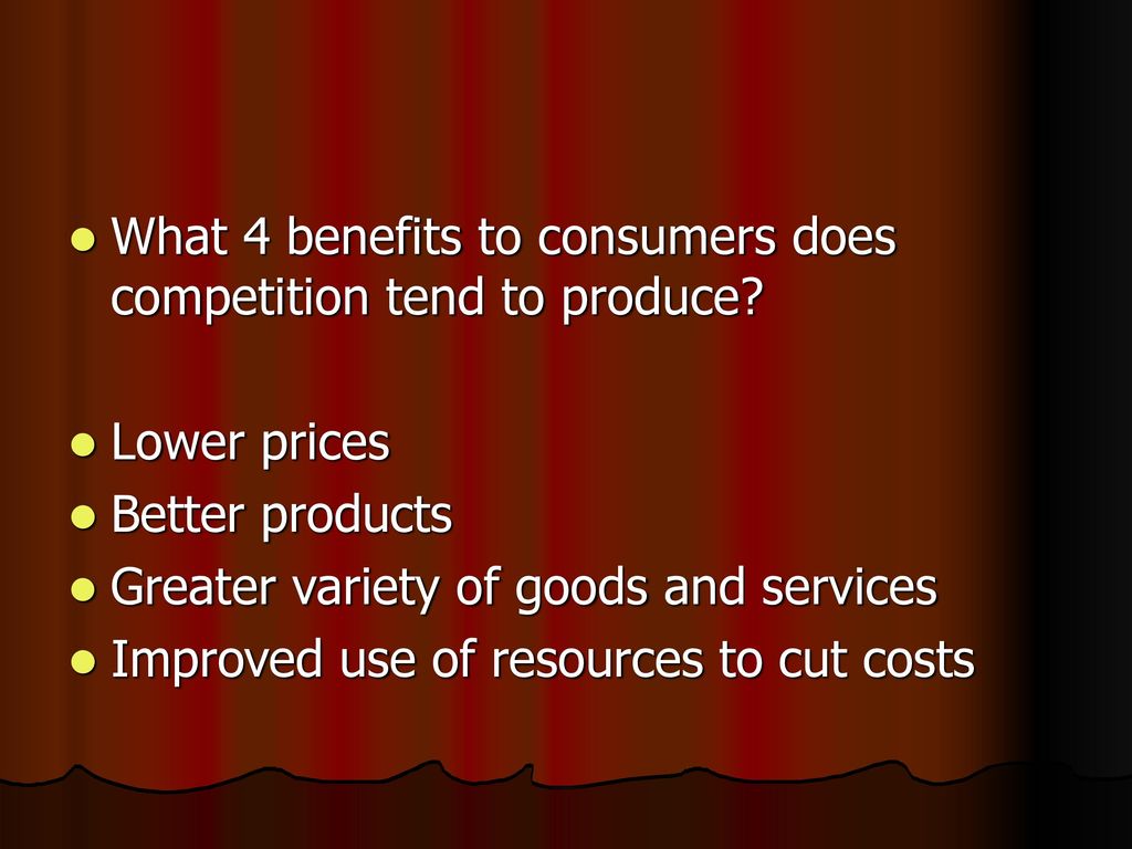 What 4 benefits to consumers does competition tend to produce
