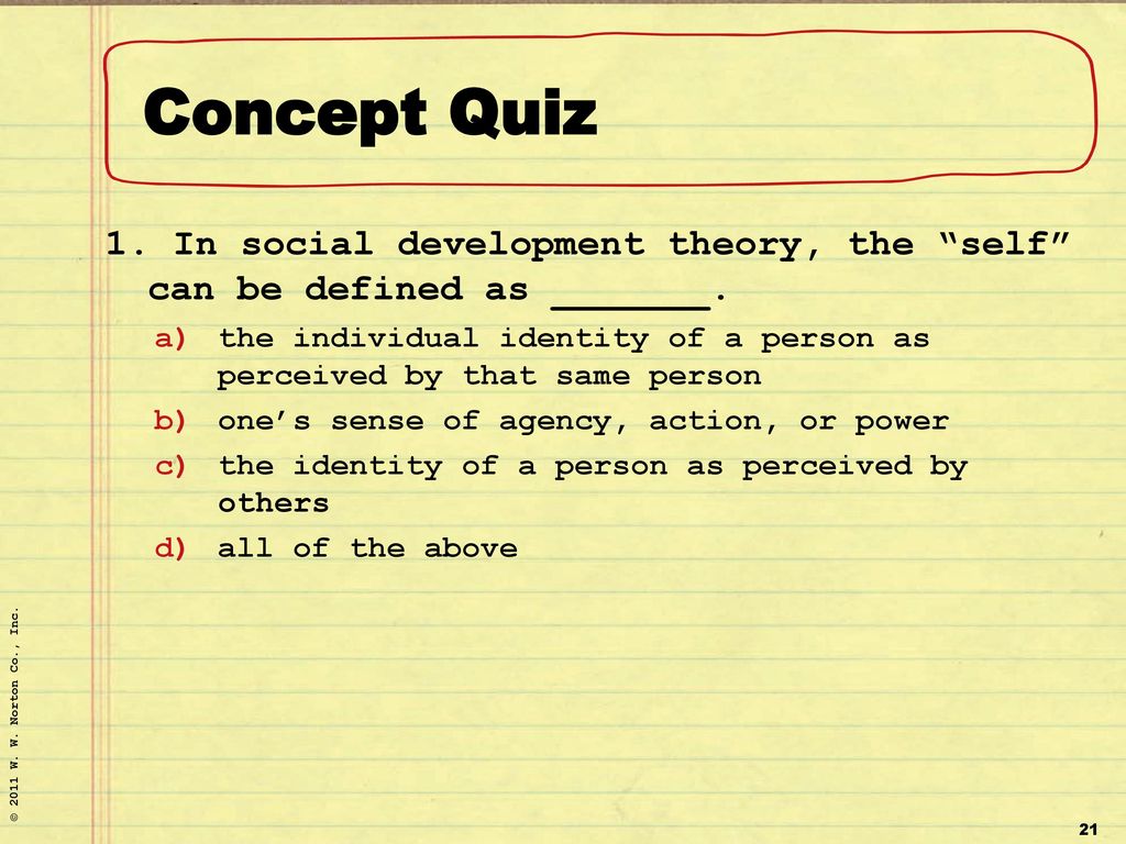 Concept Quiz 1. In social development theory, the self can be defined as _______.