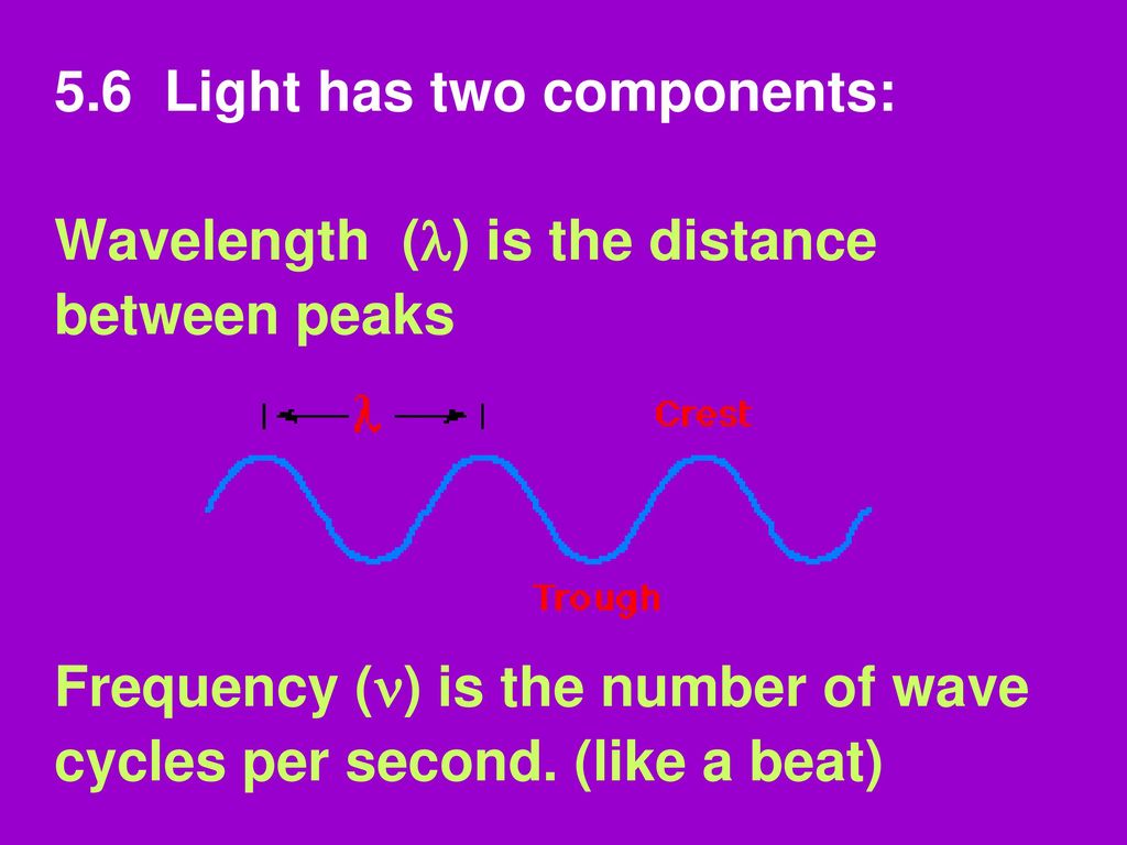 5.6 Light has two components: Wavelength () is the distance between peaks Frequency () is the number of wave cycles per second.