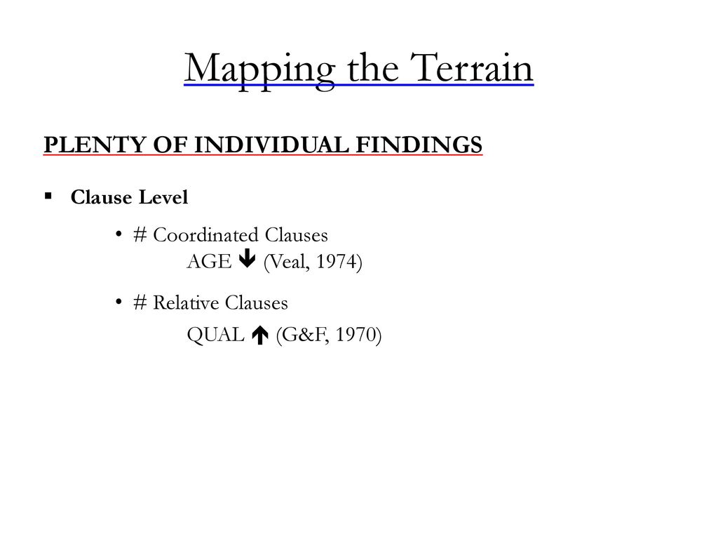 Mapping the Terrain PLENTY OF INDIVIDUAL FINDINGS Clause Level