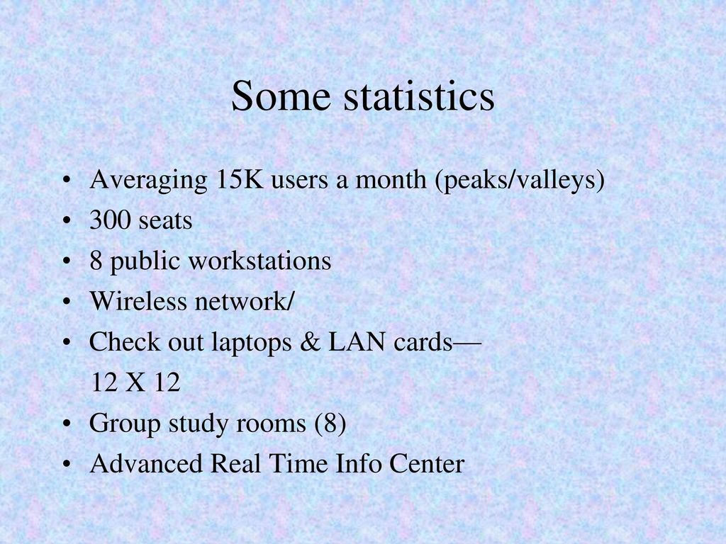 Some statistics Averaging 15K users a month (peaks/valleys) 300 seats