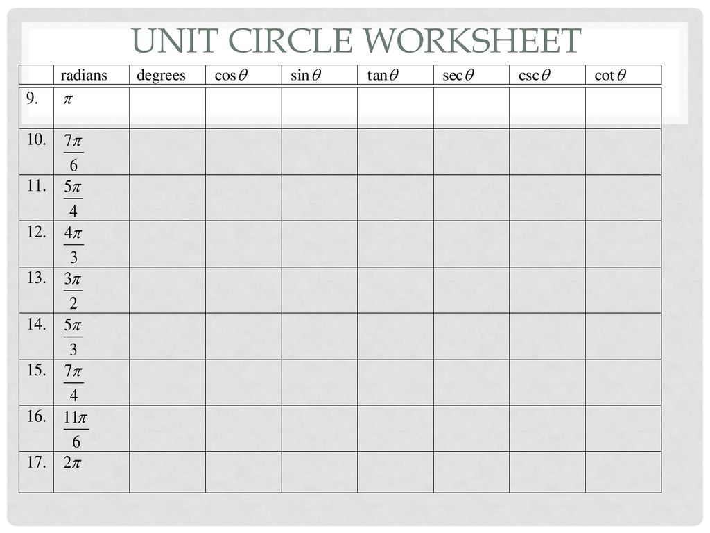 Pre-Calc: 200.20: Trig functions: The unit circle - ppt download Regarding Unit Circle Worksheet With Answers