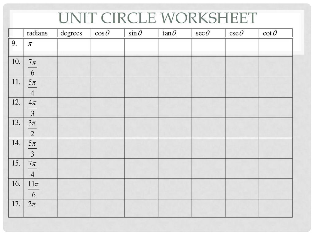 Pre-Calc: 211.21: Trig functions: The unit circle - ppt download In Unit Circle Worksheet With Answers