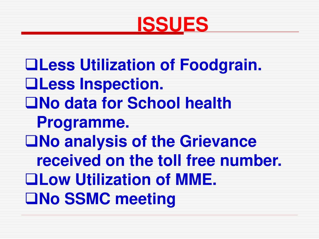 ISSUES Less Utilization of Foodgrain. Less Inspection.