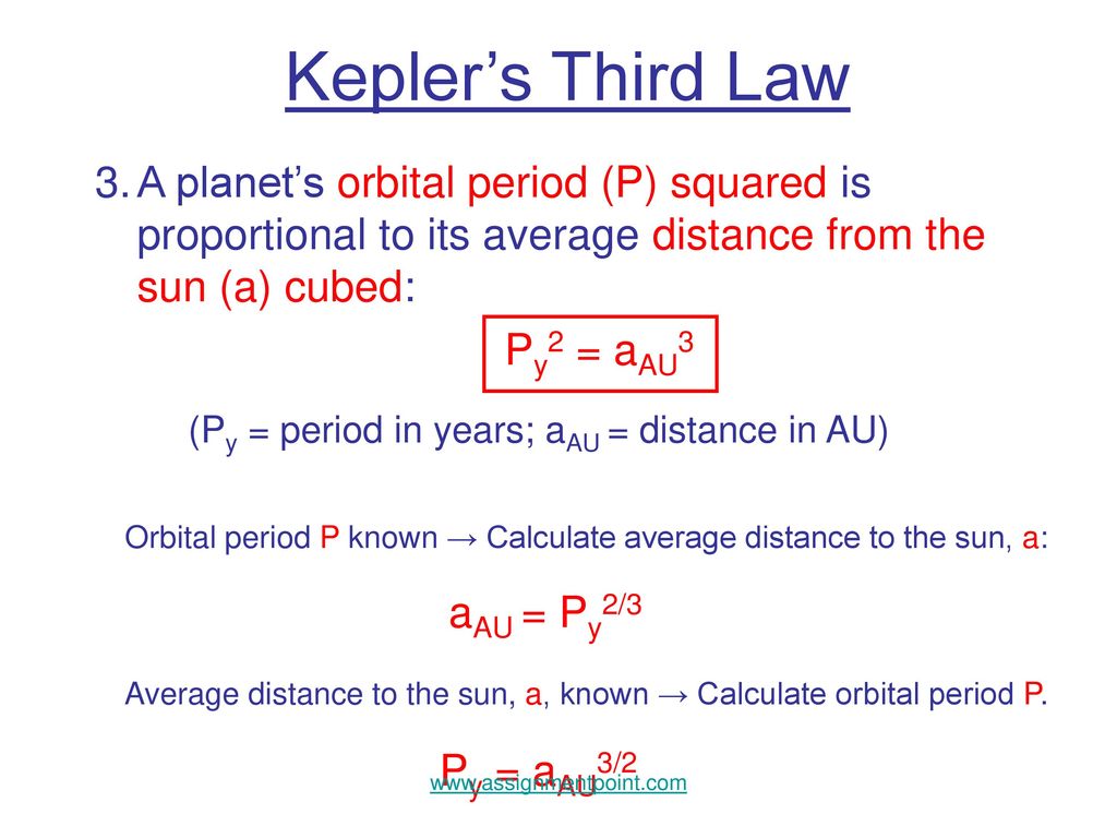 Kepler’s Third Law A planet’s orbital period (P) squared is proportional to its average distance from the sun (a) cubed: