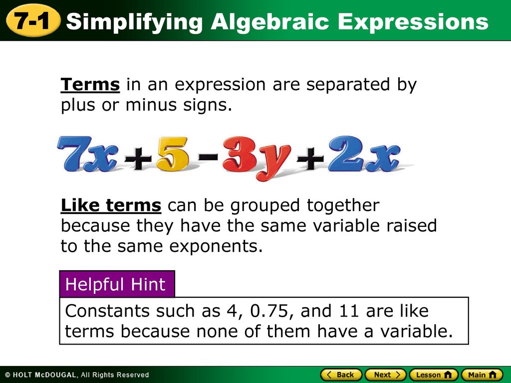 Terms in an expression are separated by plus or minus signs.
