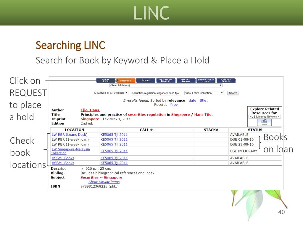 LINC Searching LINC Search for Book by Keyword & Place a Hold