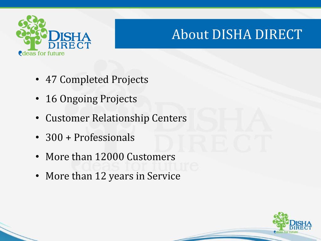 About DISHA DIRECT 47 Completed Projects 16 Ongoing Projects