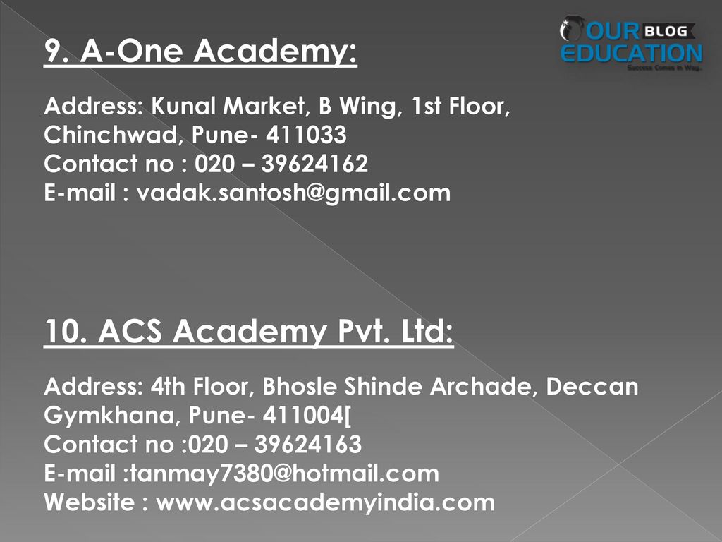 9. A-One Academy: 10. ACS Academy Pvt. Ltd: