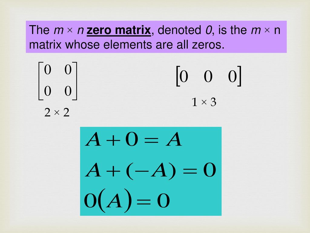 The m × n zero matrix, denoted 0, is the m × n matrix whose elements are all zeros.