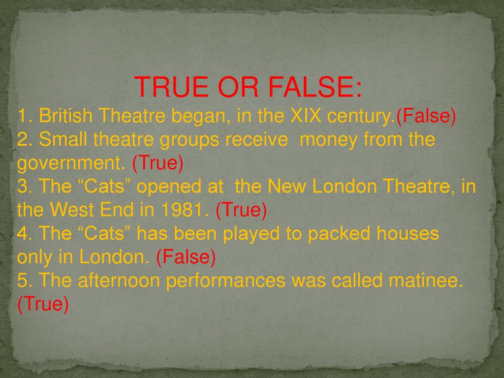 True and false Лондон. Британский театр доклад. British Theatre Report. Английский true or false