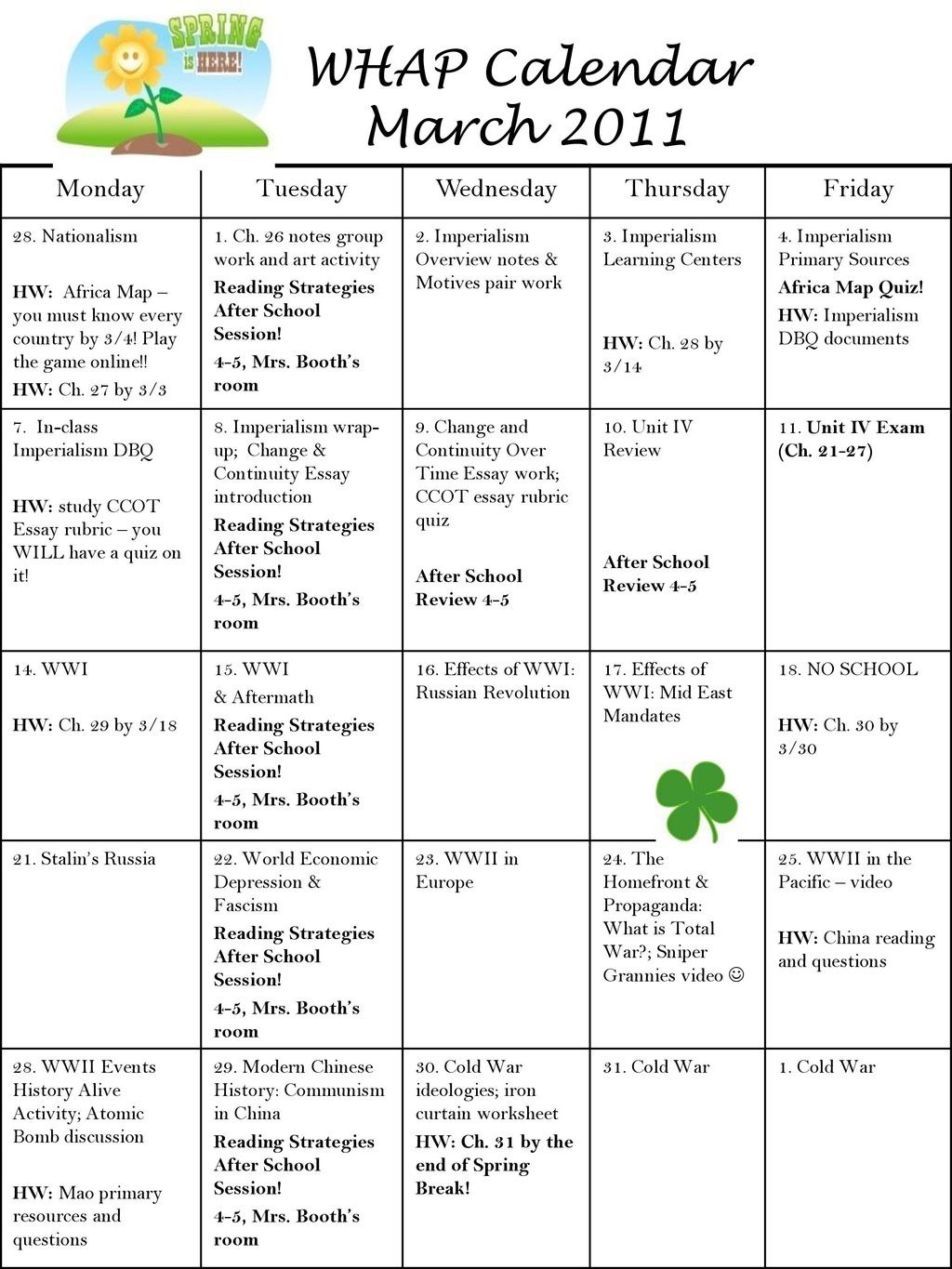 WHAP Calendar March 2011 Monday Tuesday Wednesday Thursday Friday