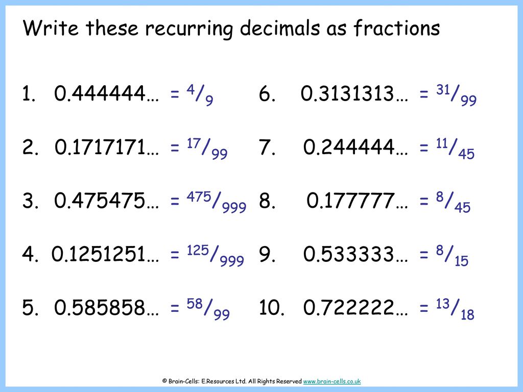 Recurring Decimals as Fractions - ppt download