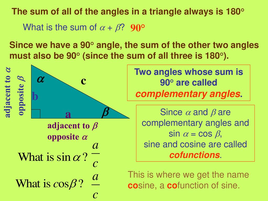 Two angles whose sum is 90° are called complementary angles.