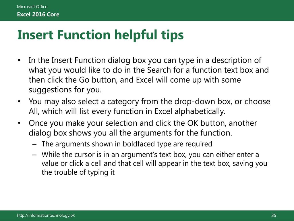Insert Function helpful tips