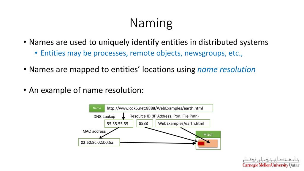 Naming Names are used to uniquely identify entities in distributed systems. Entities may be processes, remote objects, newsgroups, etc.,