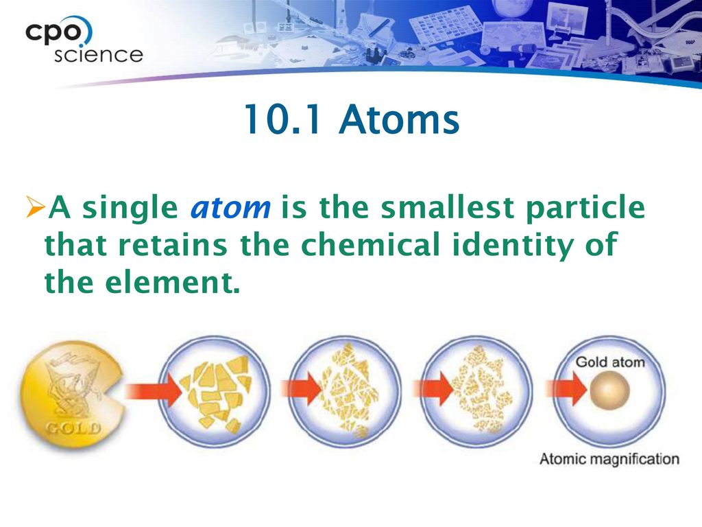 10.1 Atoms A single atom is the smallest particle that retains the chemical identity of the element.