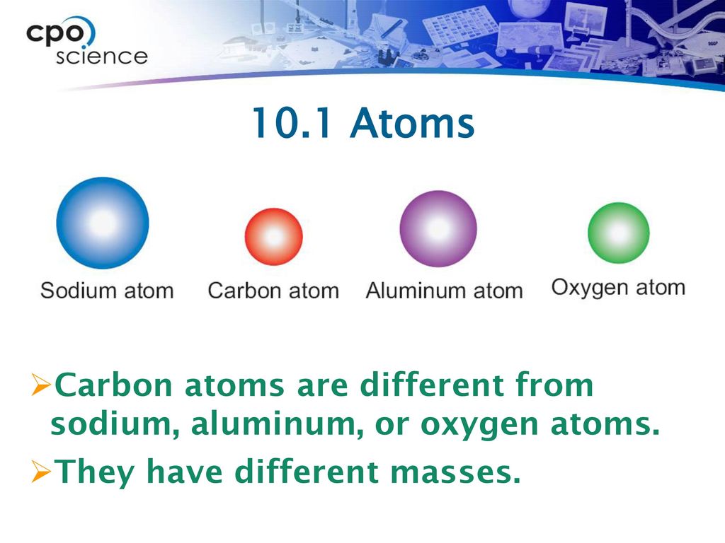 10.1 Atoms Carbon atoms are different from sodium, aluminum, or oxygen atoms.