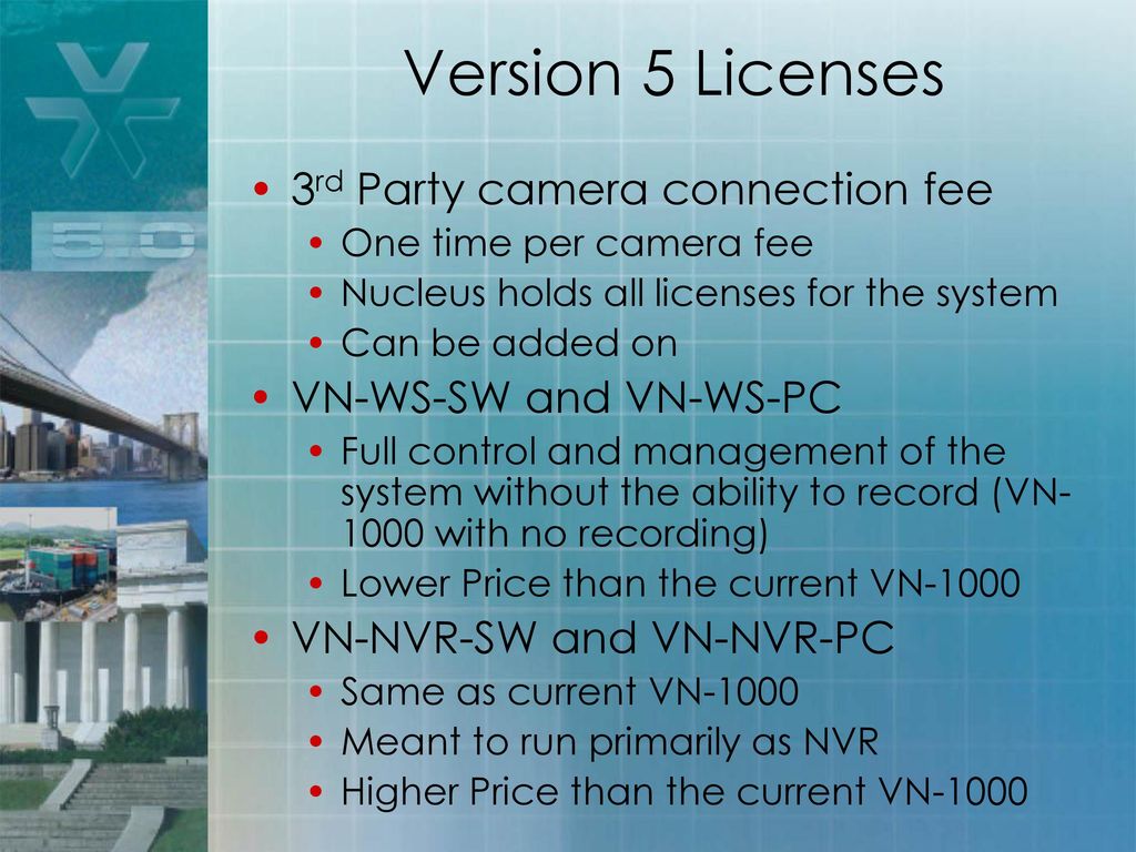 Version 5 Licenses 3rd Party camera connection fee