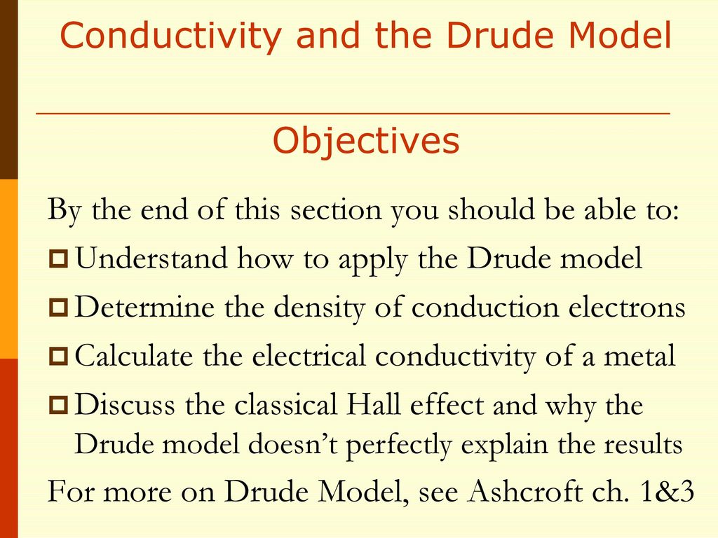 Conductivity and the Drude Model Objectives