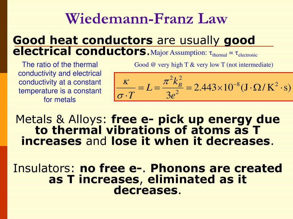 Wiedemann-Franz Law Good heat conductors are usually good electrical conductors.