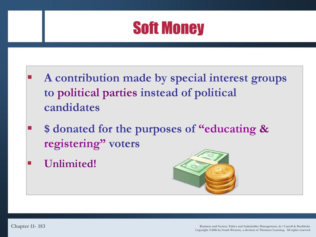 Soft Money A contribution made by special interest groups to political parties instead of political candidates.