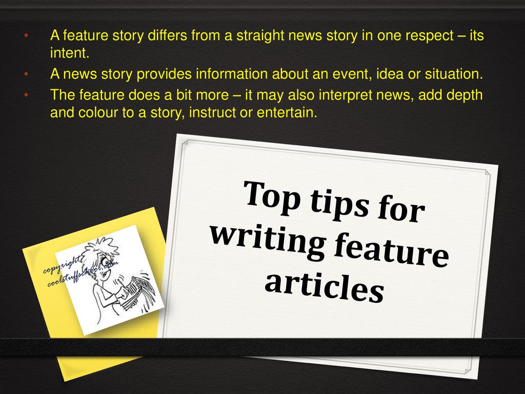 Feature writing. Feature article. Differs.