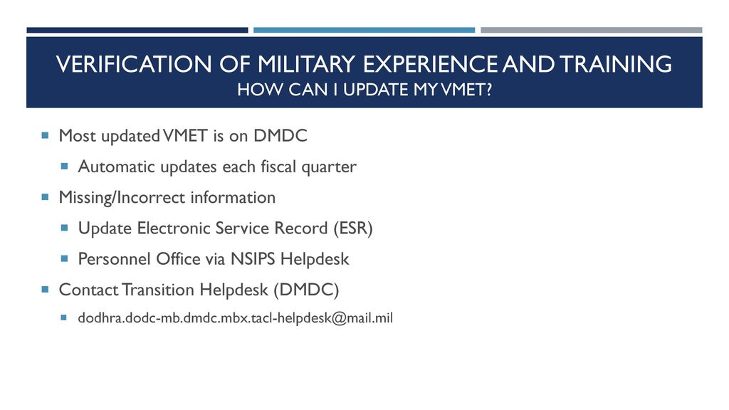 Verification Of Military Experience And Training Vmet Ppt Download