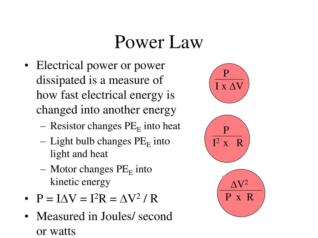 Power Law Electrical power or power dissipated is a measure of how fast electrical energy is changed into another energy.