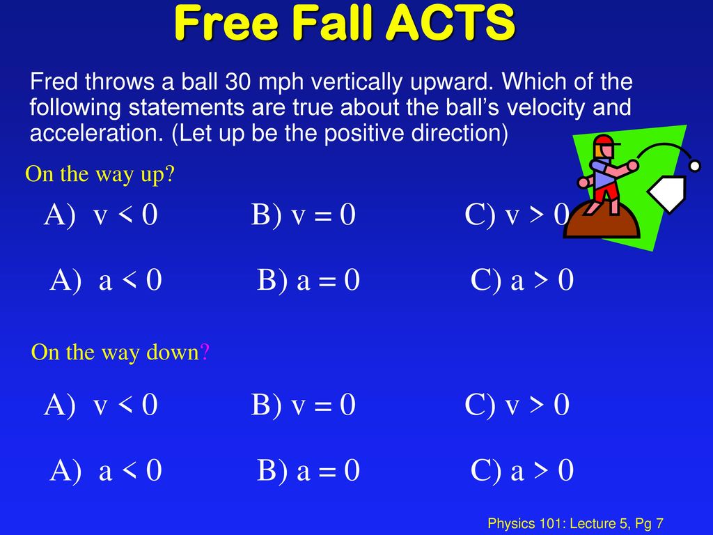 Free Fall ACTS A) v < 0 B) v = 0 C) v > 0
